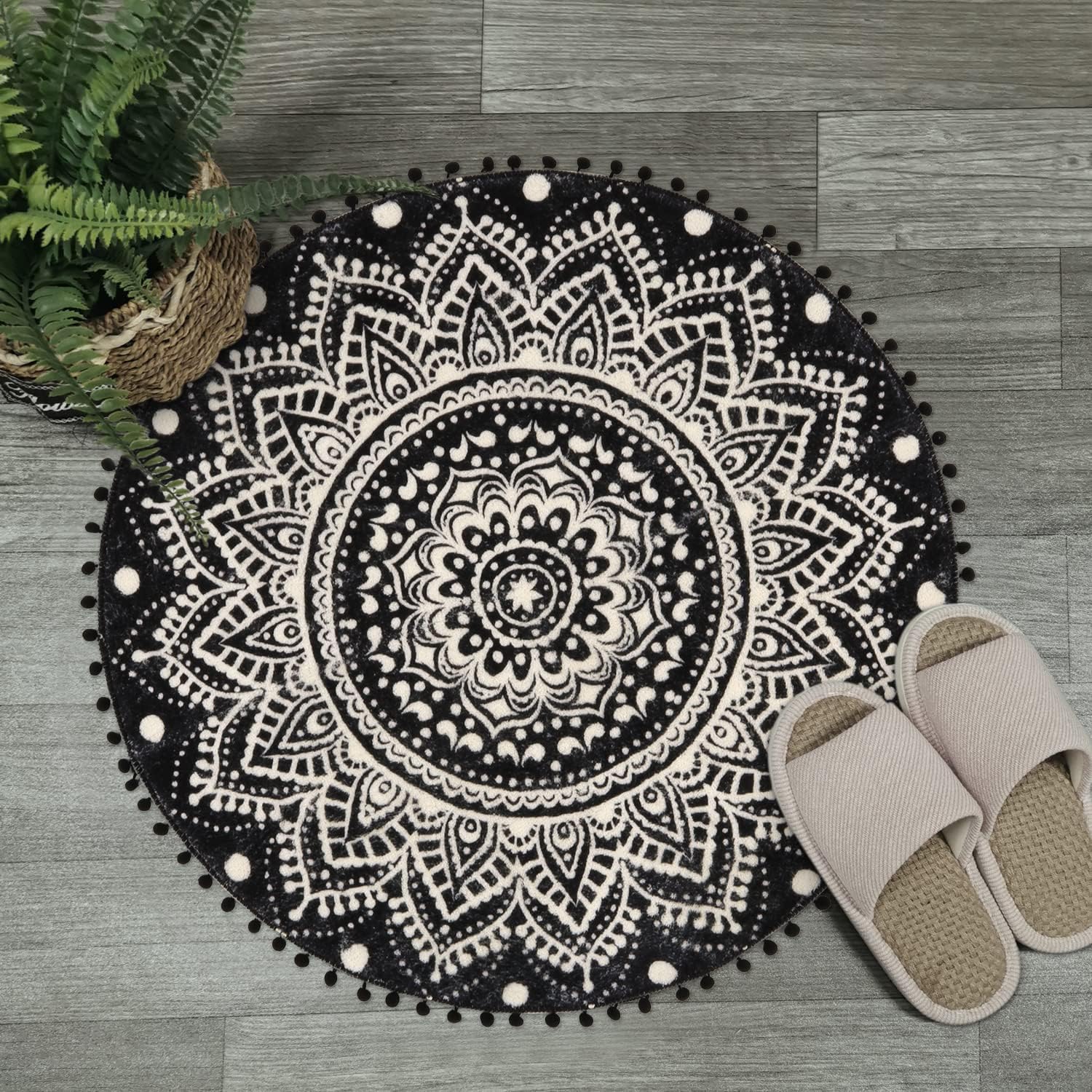 Uphome Small Round Rug 2.3’ Black Mandala Boho Bathroom Rugs with Pom Poms Fringe Washable Circle Shower Mat Soft Non-Slip Cute Circular Throw Rug for Sink Powder Room Bedroom Kids Room Nursery