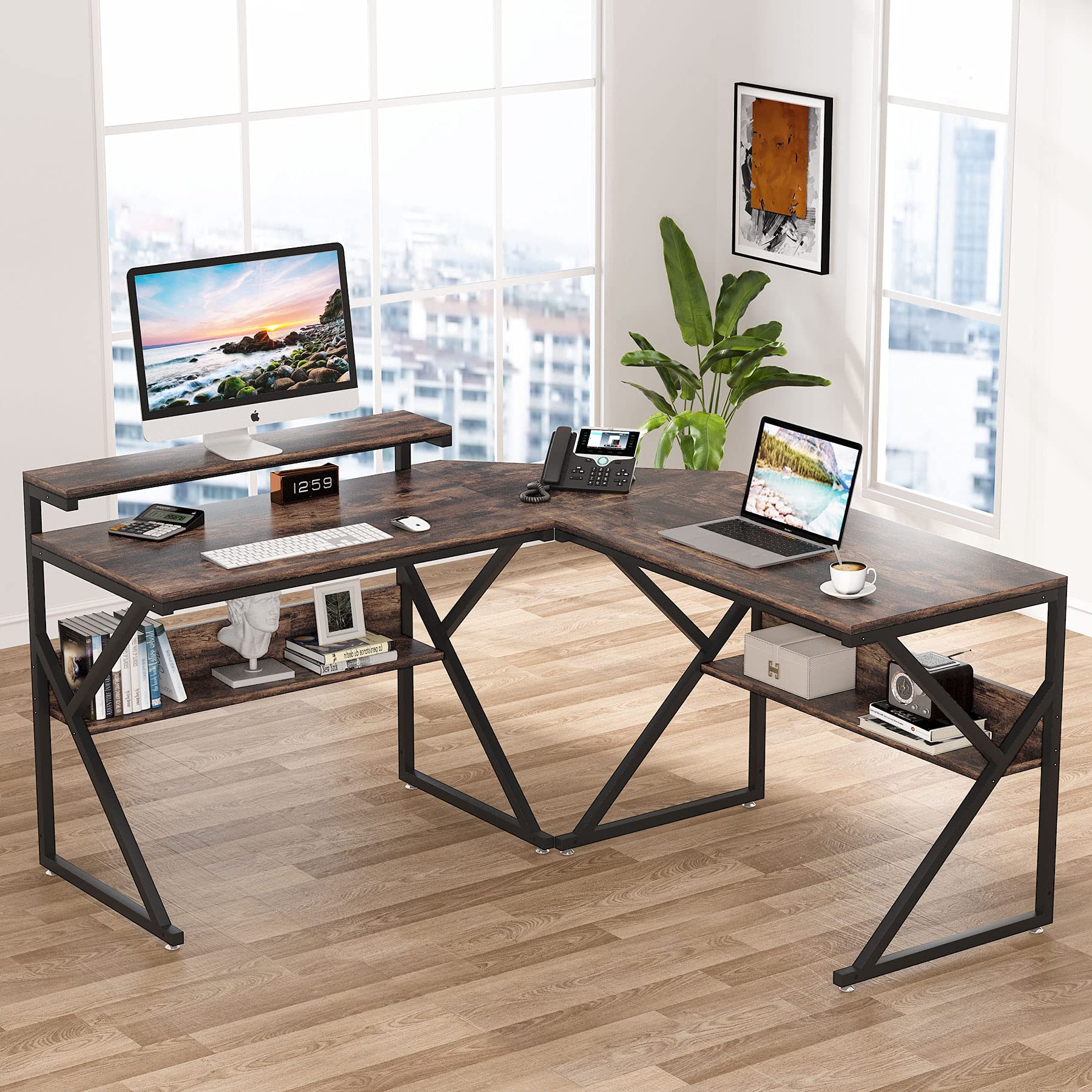 Tribesigns L Shaped Desk with Storage Shelves, 63 inch Industrial Corner Computer Desk with Monitor Stand, Study Writing Table Workstation for Home Office, Rustic Brown