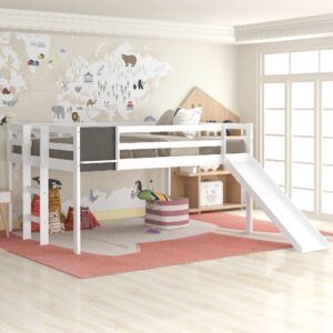 full size loft bed wood bed with slide, ladder, and chalkboard, loft bed for family, kids, teens, no box spring needed