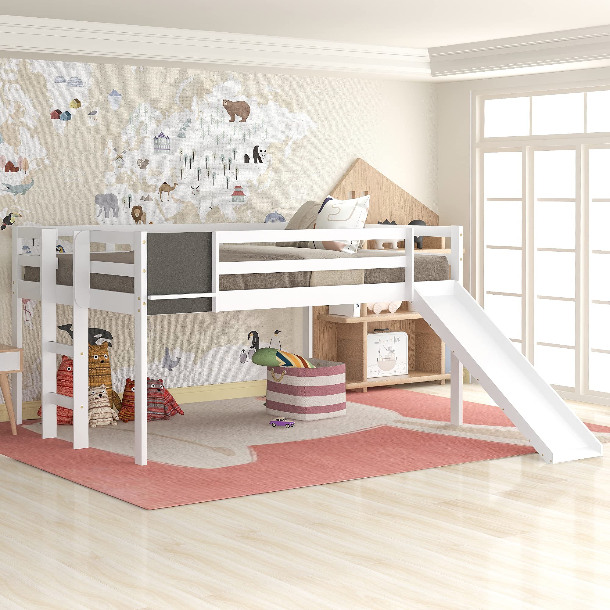 Full Size Loft Bed Wood Bed with Slide, Ladder, and Chalkboard, Loft Bed for Family, Kids, Teens, No Box Spring Needed