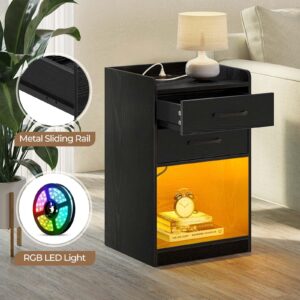 Seventable Nightstand with Charging Station and LED Lights, Modern Night Stand with 2 Drawers and Storage Open Compartment for Bedroom, Black