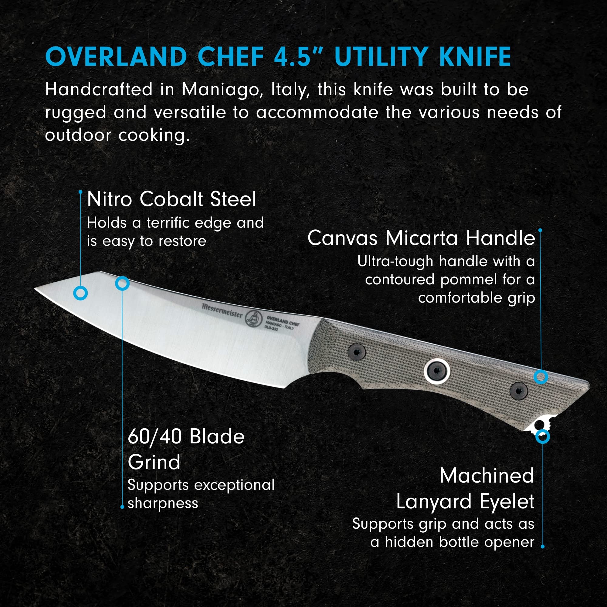 Messermeister Overland Chef 4.5” Utility Knife - Nitro Cobalt Steel, Canvas Micarta Handle & Hidden Bottle Opener