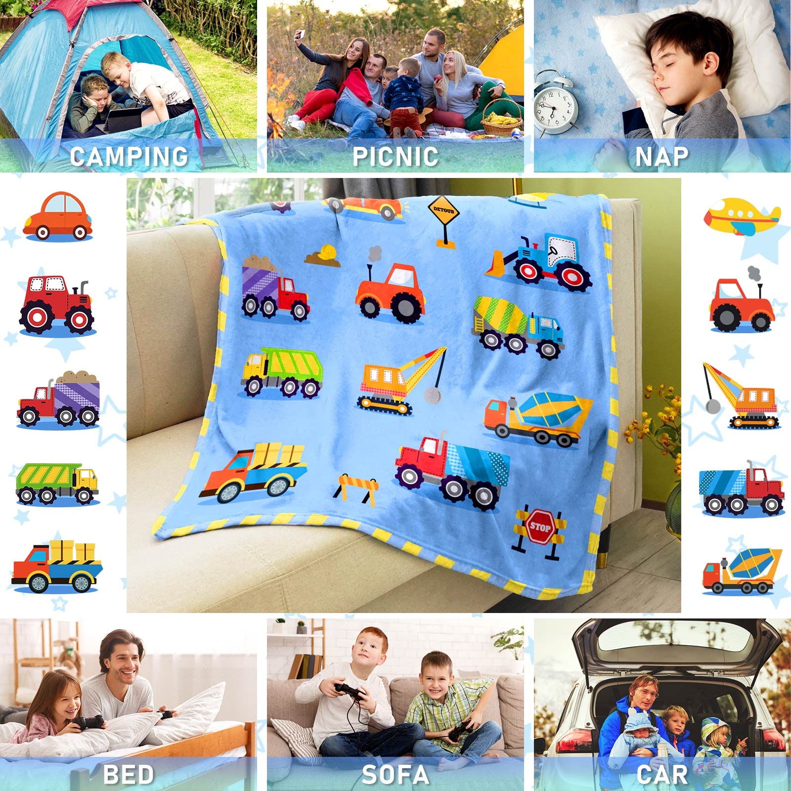 BOOPBEEP Construction Toddler Blanket for Boys Girls Lightweight Baby Kids Blanket Cute Soft Small Truck Car Blankets Comfy Fleece Flannel Plush Blue Throw Blankets Gifts 40x50