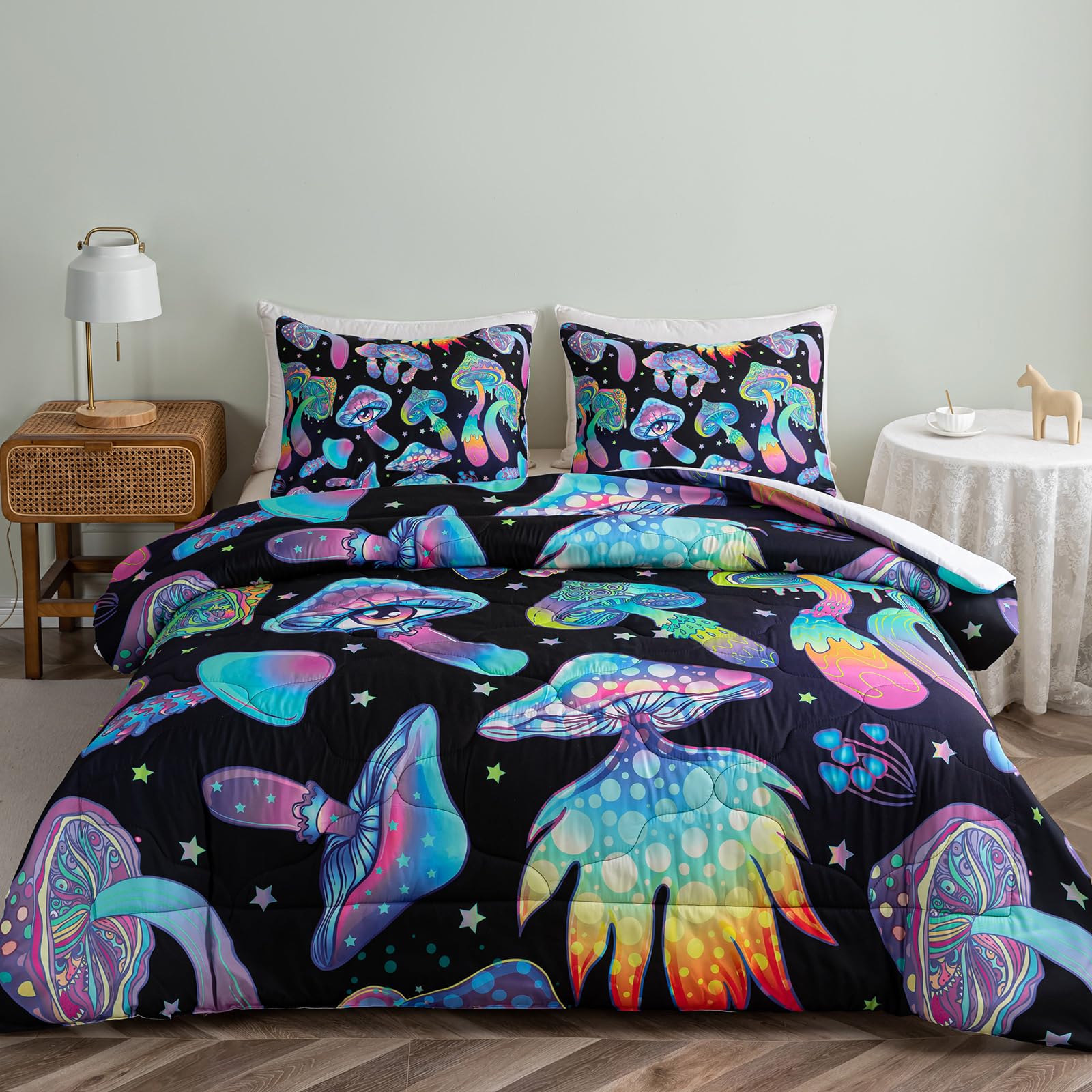 Dropshipful Cute Mushroom Bedding Sets, Twin Cartoon Mushroom Comforter Set, Mushroom Gifts for Women 3PC Black Comforter and 2 Pillowcases