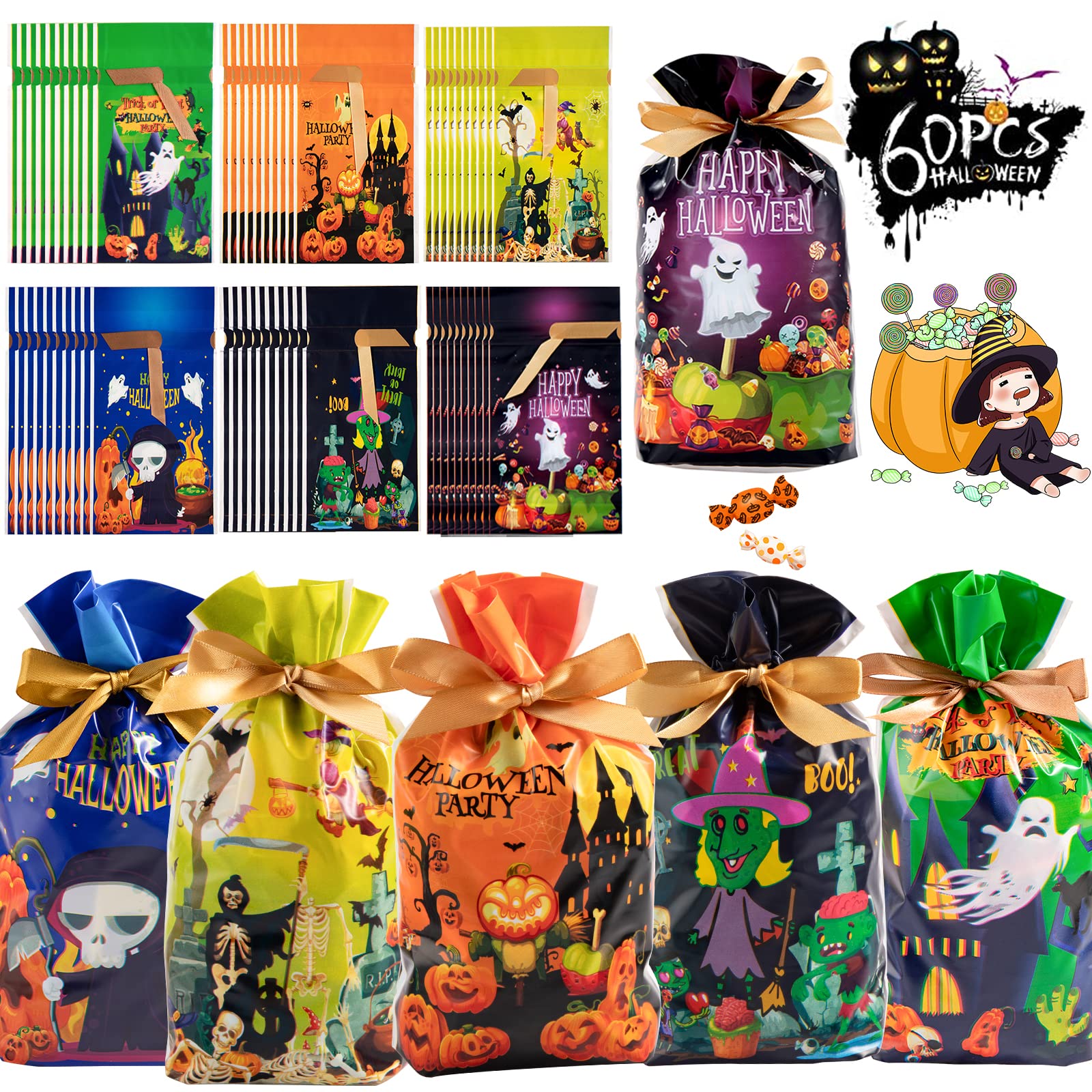 Halloween Treat Bags Halloween Goodie Bags for kids 60pcs Halloween Candy Bags for Trick or Treat Bags Bulk with Drawstring for Candy Goodie