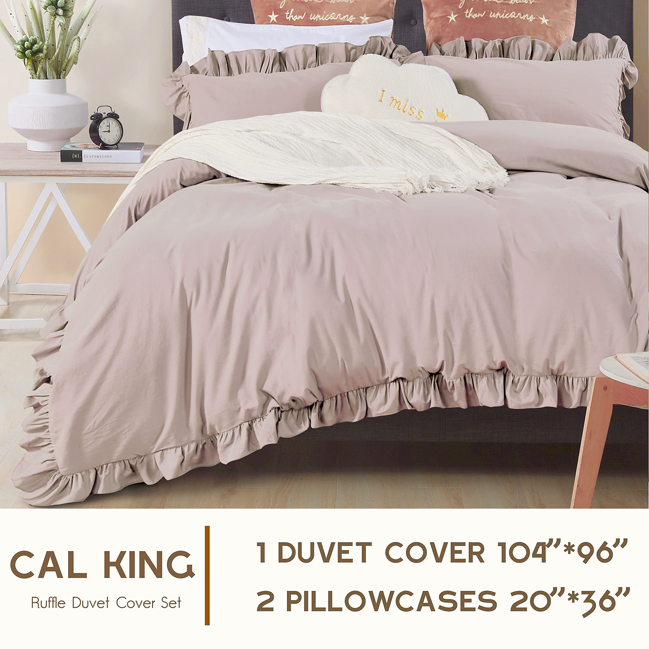 3 Pieces Duvet Cover Set Washed Cotton Taupe Ruffled Duvet Quilt Cover with Zipper Bedding Set Queen Size-Shabby Ruffle, Taupe