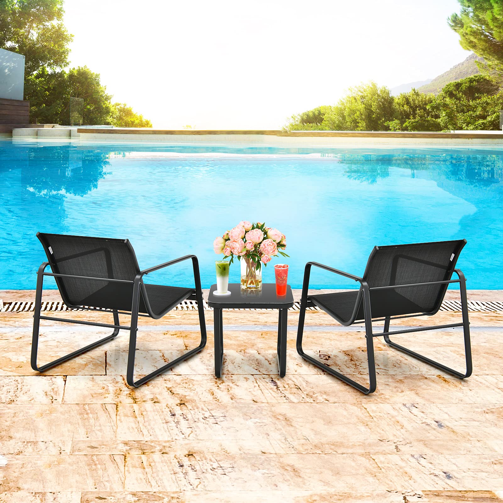 Giantex 3 Pieces Patio Bistro Set, Outdoor Dining Furniture Set with Rustproof Steel Frame, Porch Conversation Set with Glass Top Table & 2 Lawn Chairs for Garden Balcony Deck Yard, Black