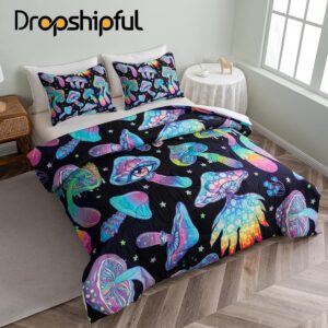 Dropshipful Cute Mushroom Bedding Sets, Twin Cartoon Mushroom Comforter Set, Mushroom Gifts for Women 3PC Black Comforter and 2 Pillowcases