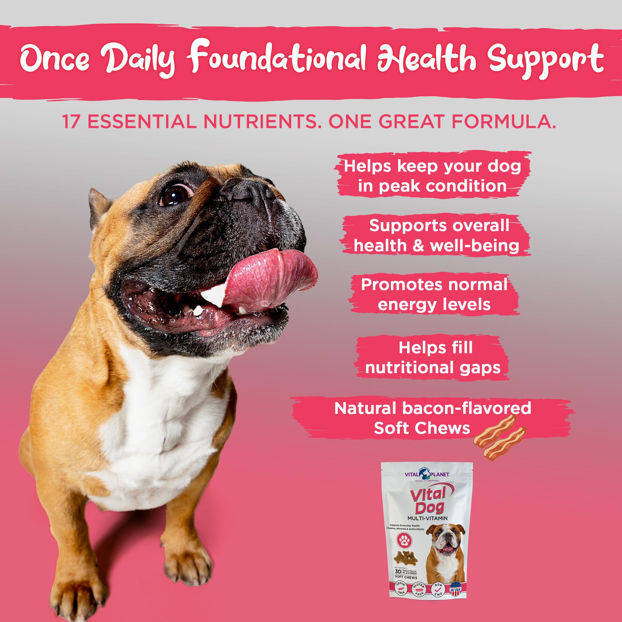 Vital Planet - Vital Dog Multivitamin for Everyday Health with Vitamins, Minerals and Antioxidants - 30 Bacon Flavored Soft Chews