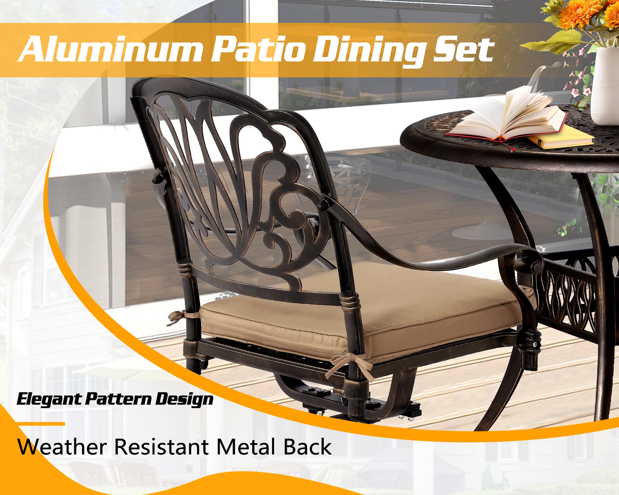 TITIMO 5-Piece Outdoor Patio Dining Set, Cast Aluminum Furniture Set All-Weather Includes Khaki Cushions and 35.4" Round Table with Umbrella Hole for Yard Garden Deck (Khaki)