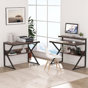 Tribesigns L Shaped Desk with Storage Shelves, 63 inch Industrial Corner Computer Desk with Monitor Stand, Study Writing Table Workstation for Home Office, Rustic Brown