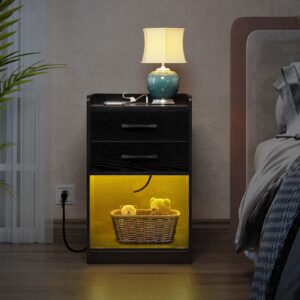 Seventable Nightstand with Charging Station and LED Lights, Modern Night Stand with 2 Drawers and Storage Open Compartment for Bedroom, Black