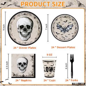 DYLIVeS Halloween Party Supplies Kit, Halloween Skull Bats Disposable Tableware, Includes Dinner Plates, Dessert Plates Napkins Cups Forks, Halloween Birthday Party Decorations Adults, Serve 24