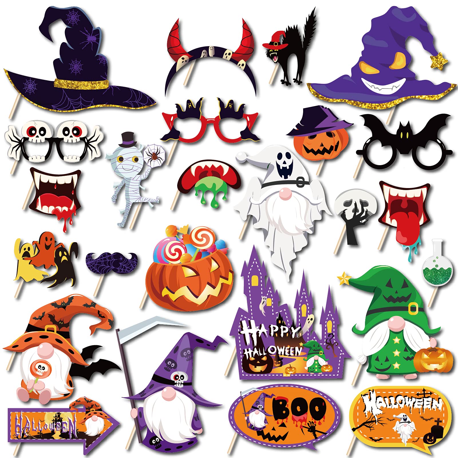 25 Halloween Photo Booth Props With Sticks, Halloween Theme Background Decoration.