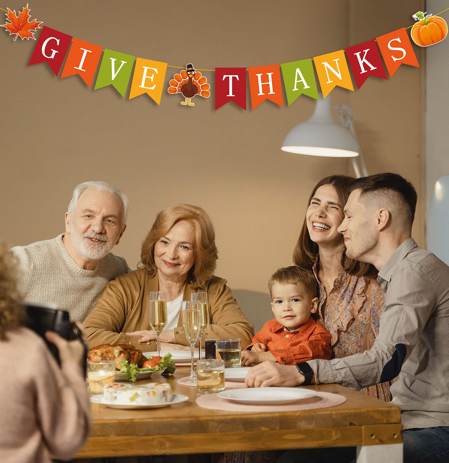 PTFNY Give Thanks Banner Thanksgiving Bunting Banner Garland with Maple Leaves Turkey and Pumpkin Signs Give Thanks Banner for Fall Thanksgiving Day Party Decorations Friendsgiving Home Party Supplies