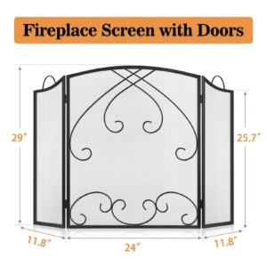 Gtongoko 3 Panel Fireplace Screen with Handles 48" W x 29" H New Version Modern Wrought Iron Decorative Large Fire Spark Guard Grate Heavy Duty for Living Room Home Outdoor Decor, Black