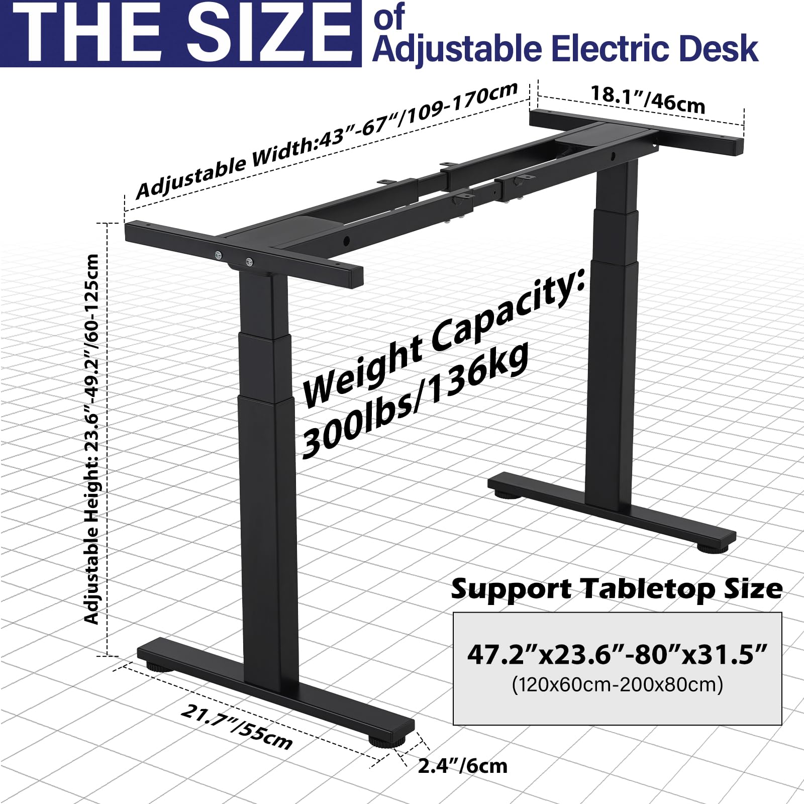 TOPSKY Dual Motor 3 Stage Electric Adjustable Standing Desk Frame Heavy Duty 300lb Load Capacity for Home Office (Black Frame Only)