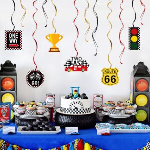 LINGTEER Race Car Two Fast Birthday Swirls Streamers - Let's Go Racing Happy 2nd Birthday Party Hanging Decorations Sign.