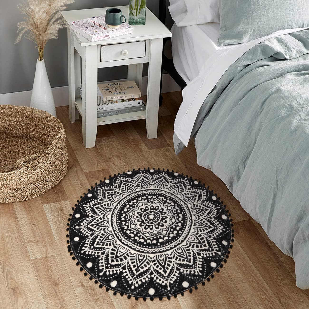 Uphome Small Round Rug 2.3’ Black Mandala Boho Bathroom Rugs with Pom Poms Fringe Washable Circle Shower Mat Soft Non-Slip Cute Circular Throw Rug for Sink Powder Room Bedroom Kids Room Nursery