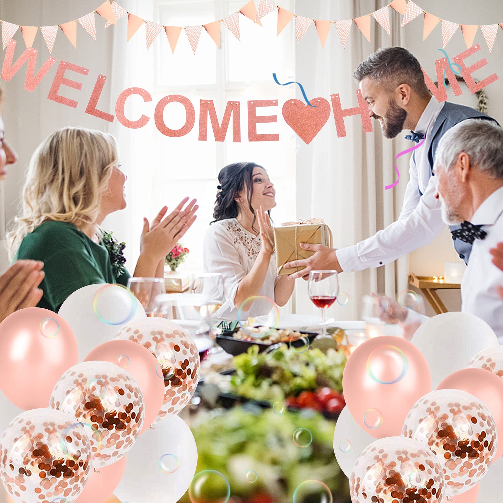 TBoxBo 15 Pcs Welcome Home Banner Rose Gold Glitter Welcome Back Balloon Banner Decorations Kit Welcome Home Decorations for Welcome Home Party Decorations, Welcome Home Sign