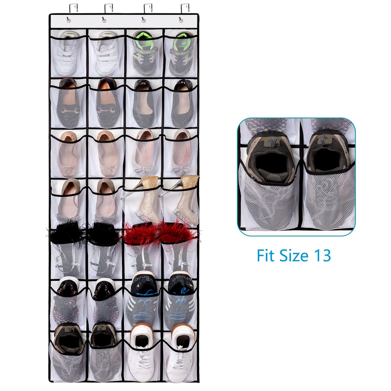 REGELOGO 28 Large Pocket Over the Door Shoe Organzier, Hanging Shoe Rack for Door Large Capacity Shoe Organizer Holder with 4 Metal Hooks