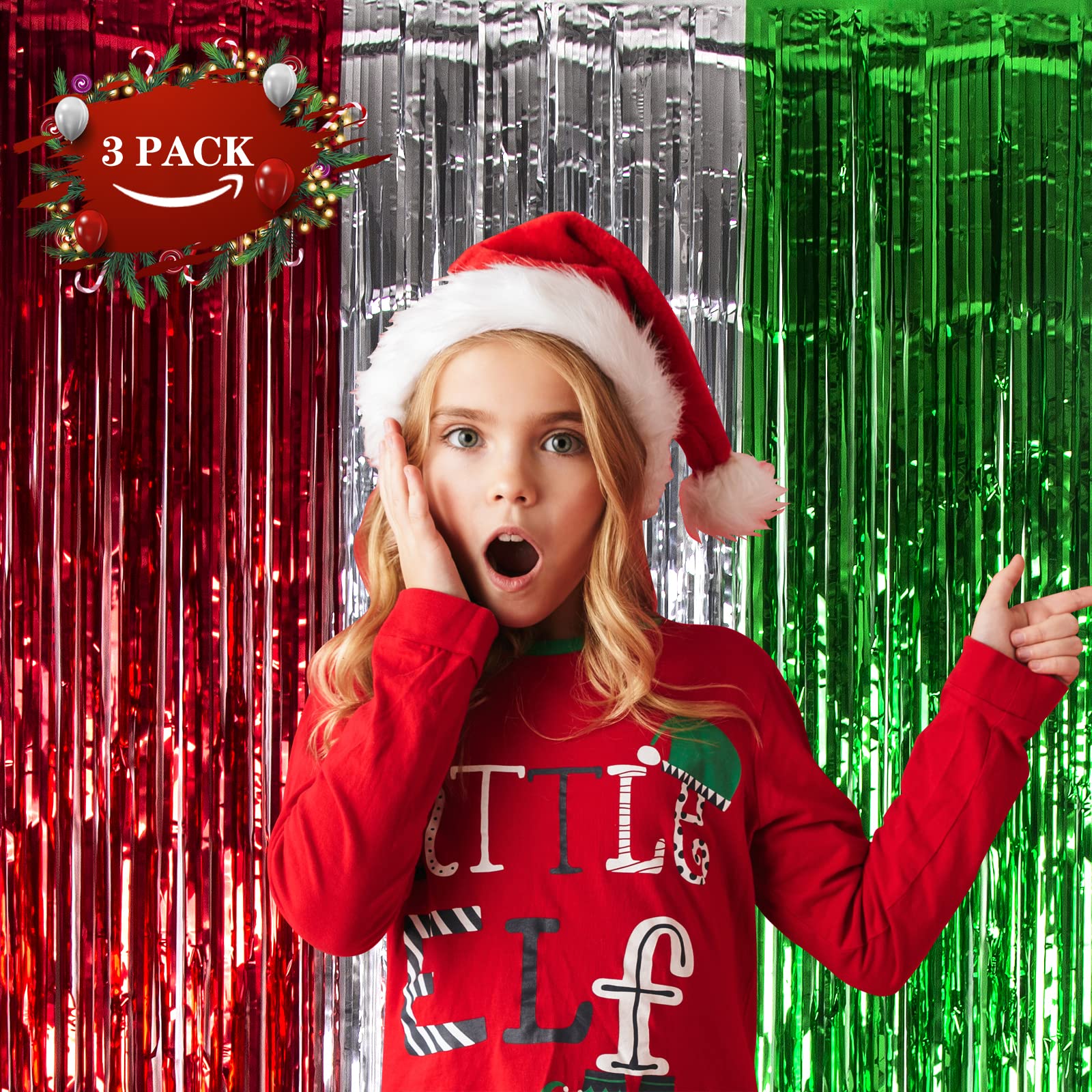 LOLStar 3 Pack Christmas Foil Fringe Curtains Christmas Party Decoration 3.3 x 6.6 ft Red Silver Green Tinsel Fringe Party Photo Backdrop Streamer Backdrop for Christmas, New Year, Ugly Sweater Party