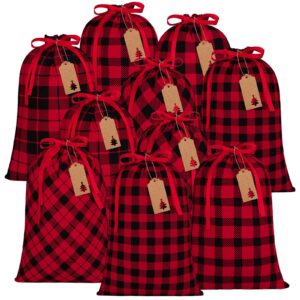 aneco 10 pack buffalo plaid christmas gift bags red and black wrapping drawstring bag with 24 kraft tags 11.8 x 15.7 inch present bag for christmas candy goodie holiday favors, 6 designs