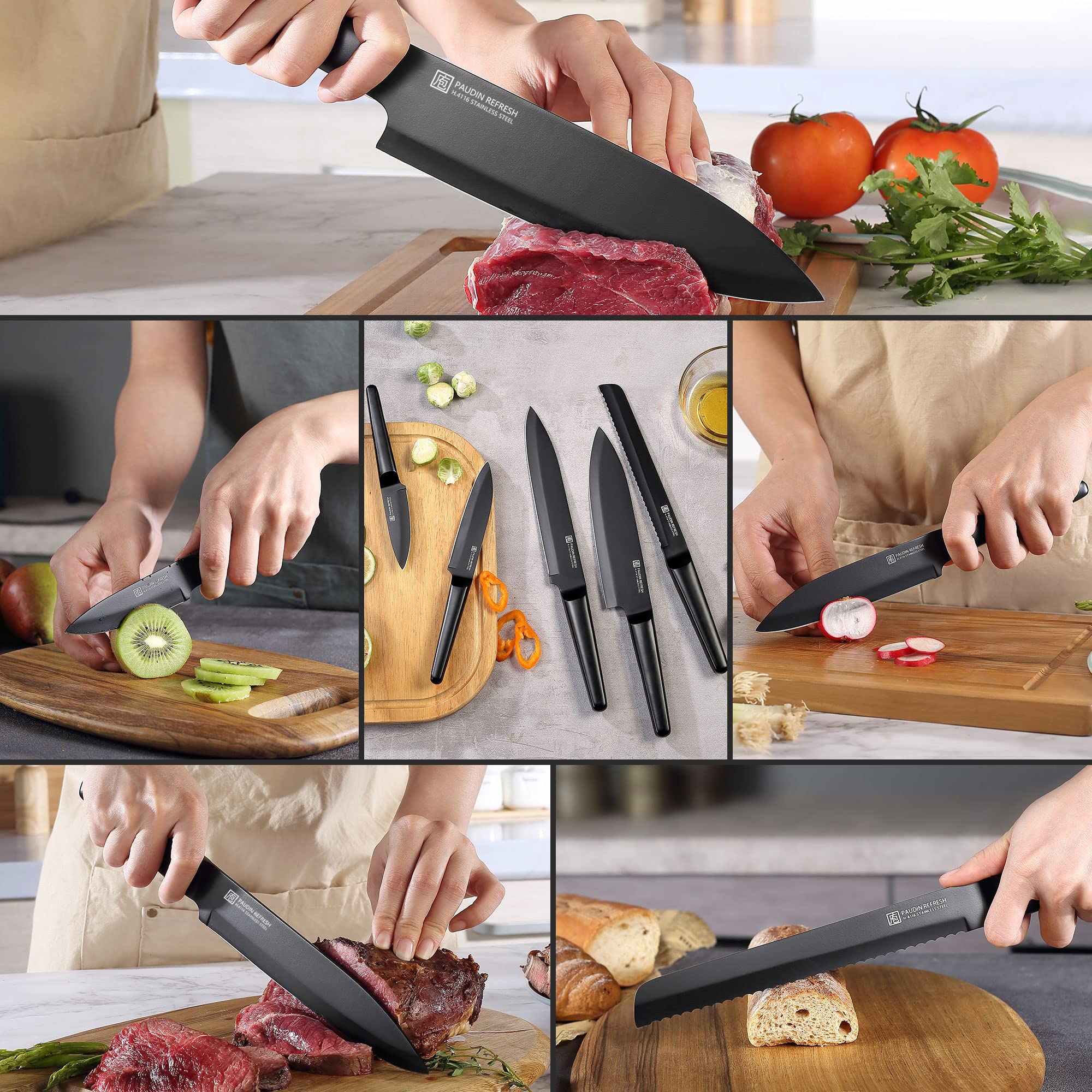 PAUDIN Knives Set, 5 Piece Professional Chefs Knife Set, Stainless Steel Kitchen Knives Include Chef Bread Carving Utility Paring Knife Boxed Knife Sets Hollow Handle German Steel