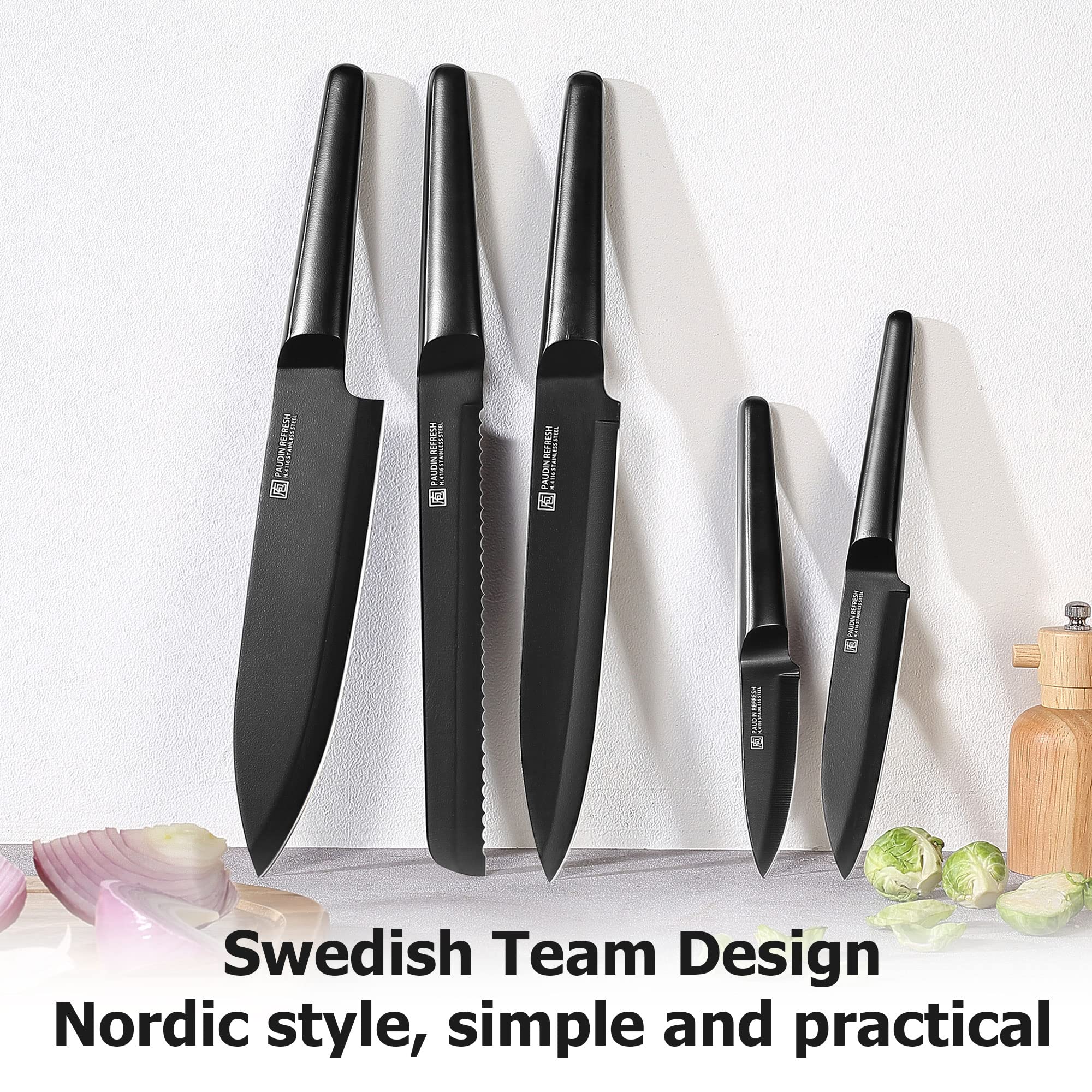 PAUDIN Knives Set, 5 Piece Professional Chefs Knife Set, Stainless Steel Kitchen Knives Include Chef Bread Carving Utility Paring Knife Boxed Knife Sets Hollow Handle German Steel