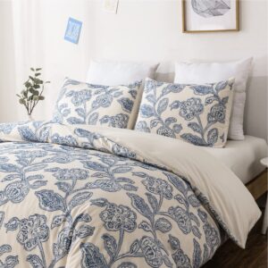 duvetex 100% floral cotton duvet cover king size bedding set soft textured comfy breathable jacquard comforter duvet cover with 2 pillow shams, button closure&corner ties, blue color