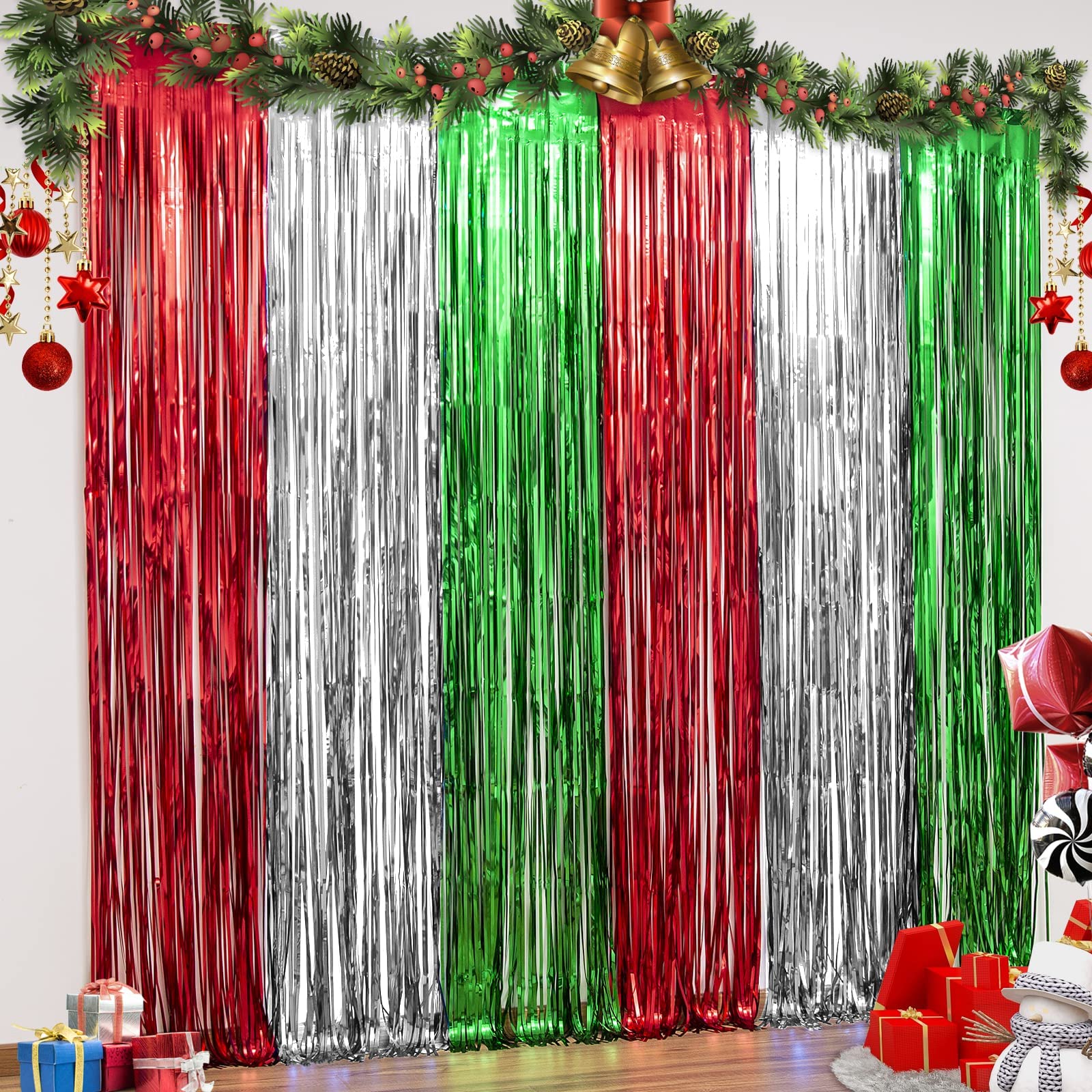 LOLStar 3 Pack Christmas Foil Fringe Curtains Christmas Party Decoration 3.3 x 6.6 ft Red Silver Green Tinsel Fringe Party Photo Backdrop Streamer Backdrop for Christmas, New Year, Ugly Sweater Party