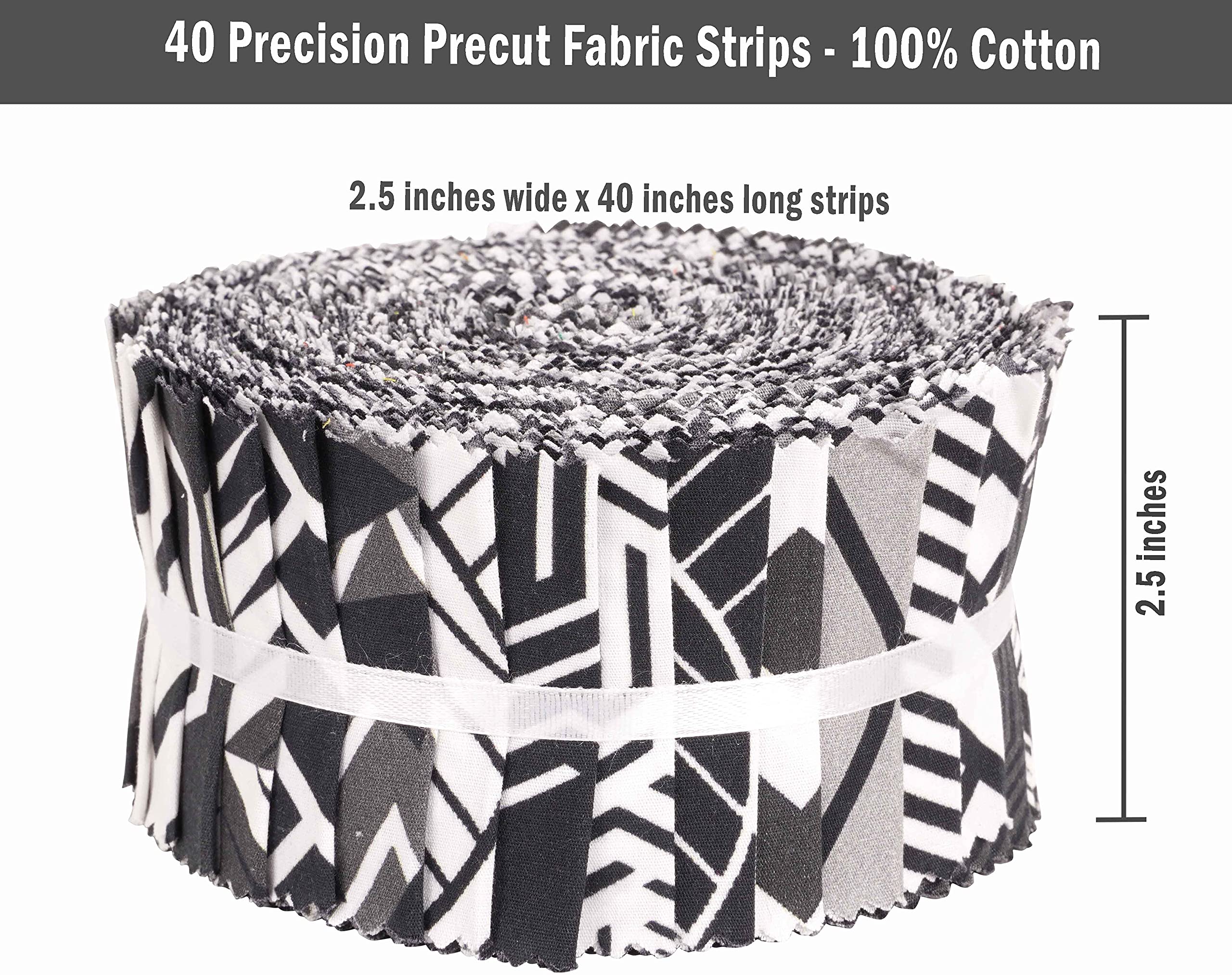 Soimoi 40Pcs Geometric Print Cotton Precut Fabrics for Quilting Craft Strips 2.5 inches Jelly Roll - White & Black