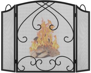 gtongoko 3 panel fireplace screen with handles 48" w x 29" h new version modern wrought iron decorative large fire spark guard grate heavy duty for living room home outdoor decor, black