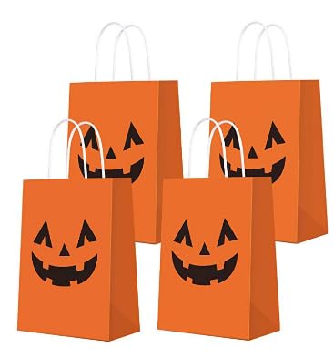 Watshi 12 Packs Halloween Candy Bags Snack Bags Plastic Trick or Treat Candy Baskets Halloween Decoration Pumpkin Candy Snack Bags with Handles for Kids Halloween Party Supplies