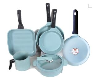 7 piece jade cook set 9.5" fry pan, 11" fry pan, 10" round griddle, 11" square grill pan 9.5" casserole, 5.5" milk pot (kfcc die cast)