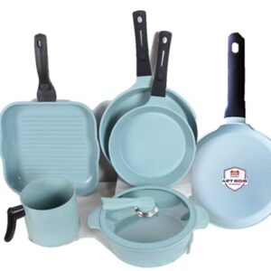 7 piece JADE COOK Set 9.5" Fry Pan, 11" Fry pan, 10" Round griddle, 11" Square grill pan 9.5" Casserole, 5.5" Milk Pot (KFCC Die Cast)