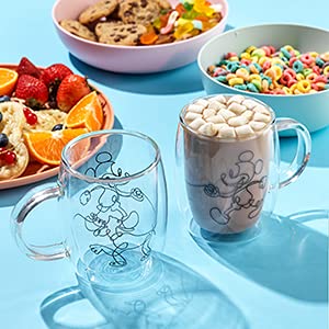 JoyJolt Aroma Disney Mickey and Pluto 13.5oz Glass Cups Set. 2 Insulated Double Wall Glass Coffee Cups, Insulated Coffee Cup Set. Unique Coffee Mugs, Large Espresso Cups. Disney Cups and Disney Mugs.