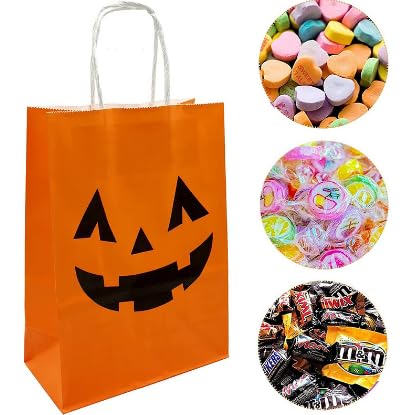 Watshi 12 Packs Halloween Candy Bags Snack Bags Plastic Trick or Treat Candy Baskets Halloween Decoration Pumpkin Candy Snack Bags with Handles for Kids Halloween Party Supplies