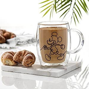 JoyJolt Aroma Disney Mickey and Pluto 13.5oz Glass Cups Set. 2 Insulated Double Wall Glass Coffee Cups, Insulated Coffee Cup Set. Unique Coffee Mugs, Large Espresso Cups. Disney Cups and Disney Mugs.