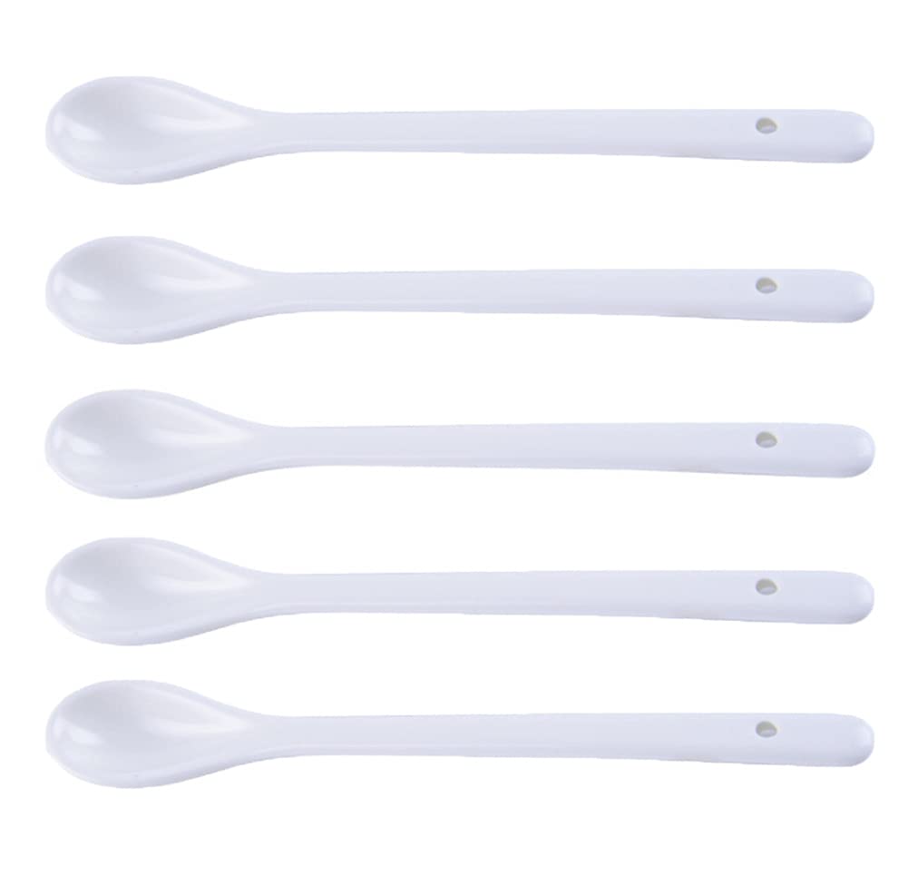 AKOAK 6.7 "Ceramic Egg Spoon (Set of 5), White Long-Handled Ceramic Spoon, Teaspoon for Coffee, Tea, Yogurt, Ice Cream, Sauces and Desserts, Espresso Stirring Spoon