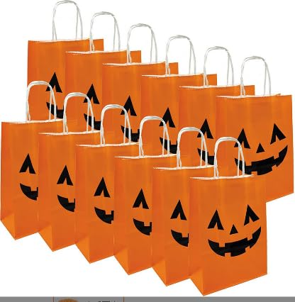 Watshi 12 Packs Halloween Candy Bags Snack Bags Plastic Trick or Treat Candy Baskets Halloween Decoration Pumpkin Candy Snack Bags with Handles for Kids Halloween Party Supplies