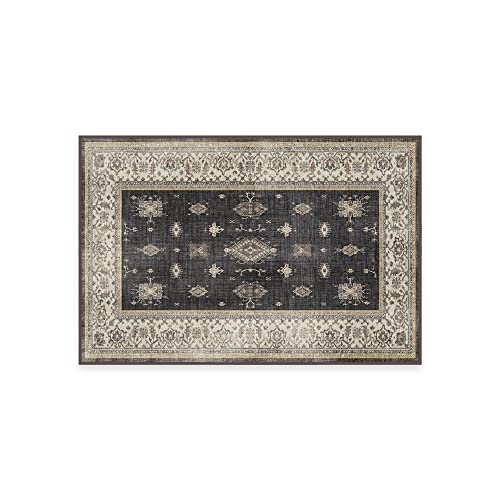 RUGGABLE Verena Washable Rug - 2x3 Rug - Machine Washable Vintage Area Rug for Dining Room, Kitchen, Living Room, and Bedroom - Non-Slip Pad - Stain & Water Resistant (Standard Pad) - Dark Wood 2'x3'