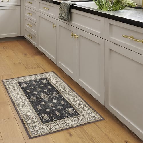 RUGGABLE Verena Washable Rug - 2x3 Rug - Machine Washable Vintage Area Rug for Dining Room, Kitchen, Living Room, and Bedroom - Non-Slip Pad - Stain & Water Resistant (Standard Pad) - Dark Wood 2'x3'