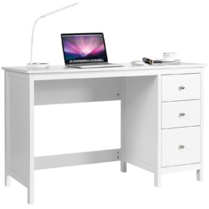 tangkula white desk with drawers, modern home office computer desk with storage drawers & spacious desktop, compact writing study desk laptop desk for bedroom, multipurpose workstation