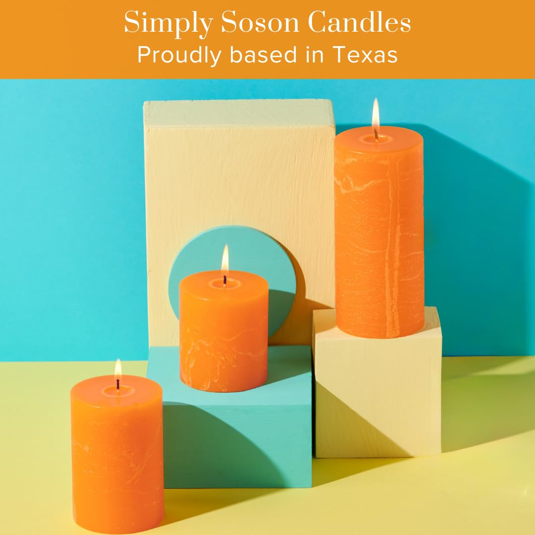 Simply Soson 3x6 inch Orange Candles Pillar, Fall Pillar Candles Set of 3, Rustic Texture, Unscented Orange Pillar Candles for Fall, Dripless Candles, 3 inch Orange Candles, Fall Candles