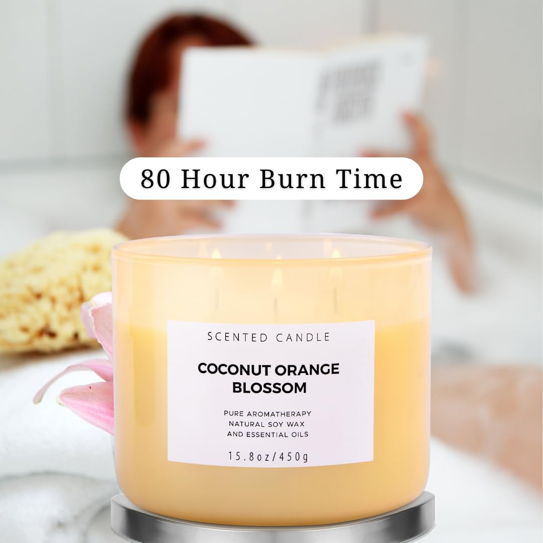 Coconut Orange Blossom 3 Wick Candle | Highly Scented Soy Candles for Home 15.8 oz, Summer & Tropical Scented Candle | Aromatherapy Stress Relief Candle, Relaxing Clean Burning Candle for Women & Men