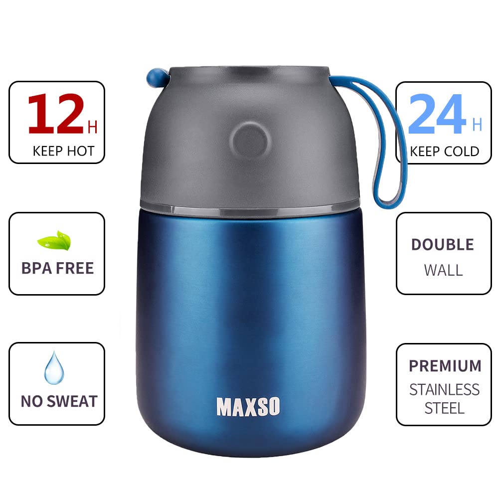 MAXSO Soup Thermo for Hot & Cold Food for Adults Kids, 17 oz Vacuum Insulated Steel Lunch Container Bento Box with Spoon, Leakproof Thermal Food Jar for School Office Travel - Dark Blue