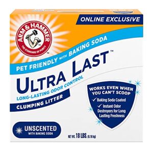 arm & hammer arm hammer ultra last unscented clumping cat litter, multicat 18lb, pet friendly with baking soda