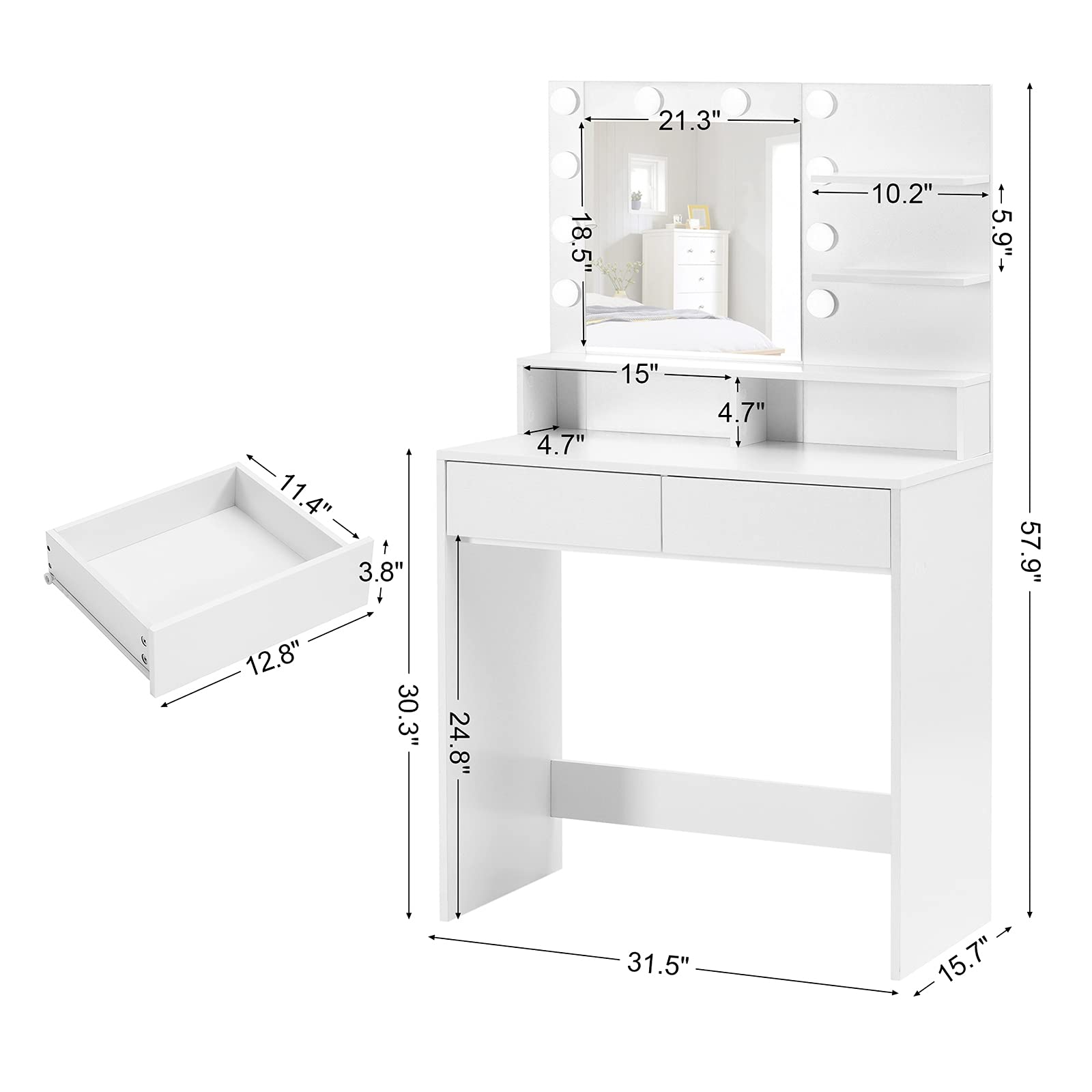 Reettic Vanity Table with Lighted Mirror and Shelf, Makeup Vanity Desk with Drawers, Bedroom Dressing Table,10 Light Blubs & Adjustable Brightness, White RSZT103W