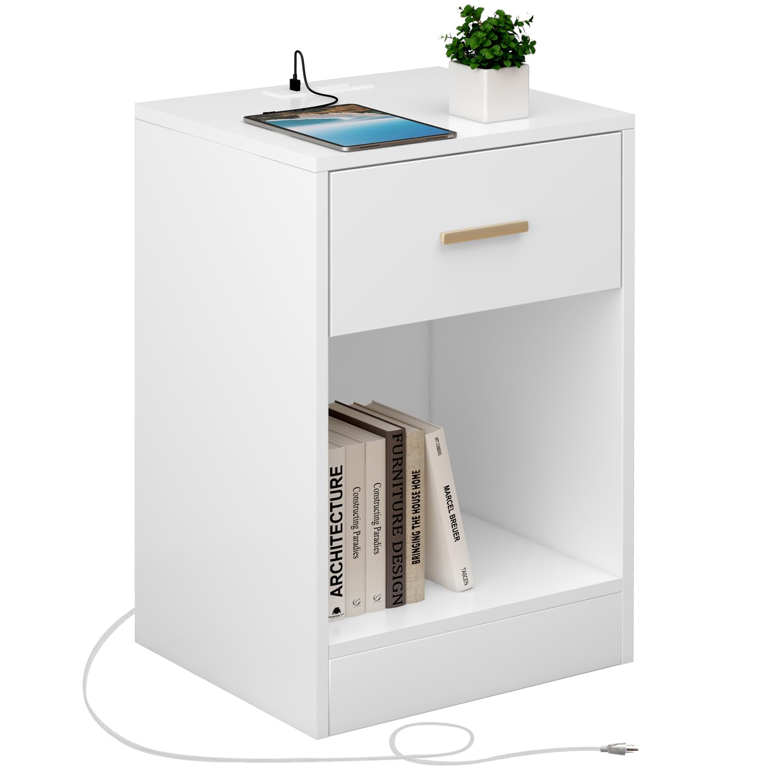 LAPTAIN Nightstand with Charging Station, End Side Table with Storage Drawer and Open Cabinet, Bedside Table for Bedroom, White